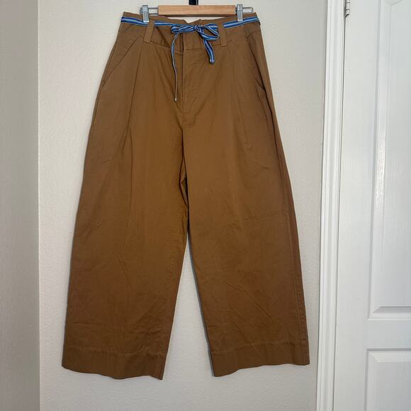 Free People Wide Leg Buckle Back Trousers, khaki tan, cotton, boho, size 12 NWT - Picture 2 of 8
